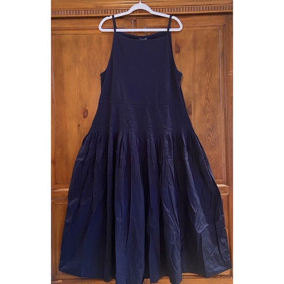 J. Crew Pintuck Mixy Dress Navy Blue Cotton Poplin Maxi Size 2X Beachy Preppy - Picture 2 of 9